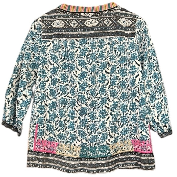 John Mark Boho Embroidered Floral 3/4 Sleeve Peasant Tunic Top Turquoise Small - Picture 2 of 15